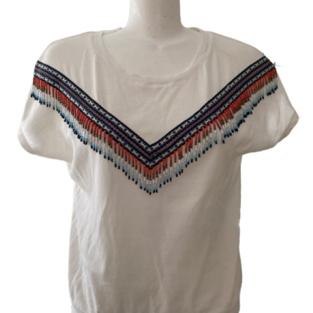 💙 Lily Brand White Top with Multicolor Bead Embellishment & Embroidery Size XS